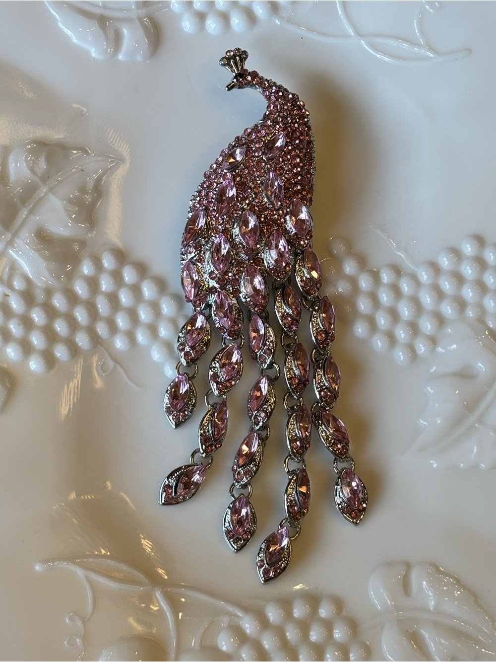 Vintage Pink Rhinestone Peacock Brooch Oversized Statement Pin 5”